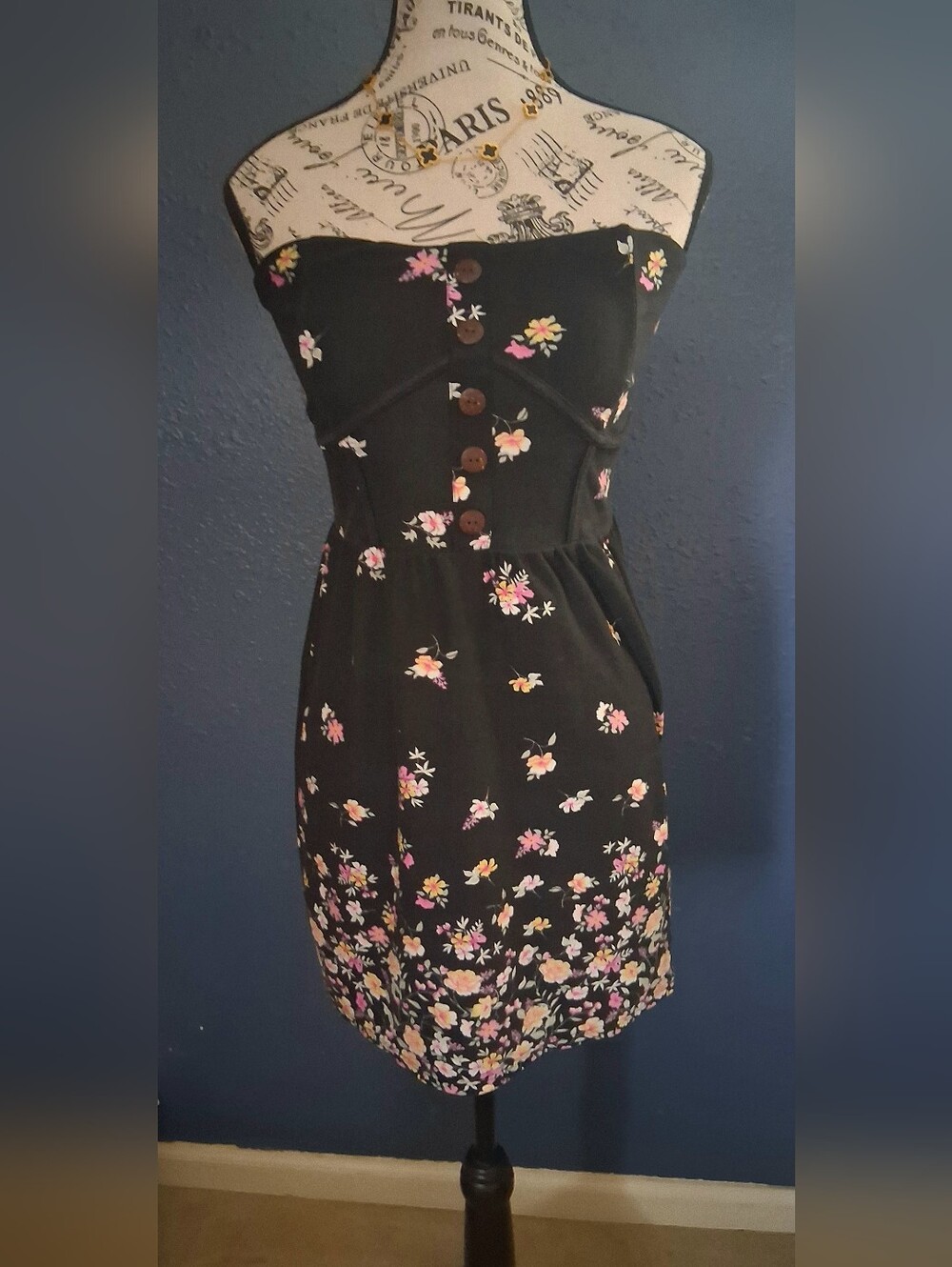 No Boundaries Juniors Strapless Black W Floral Mini Dress 7/9